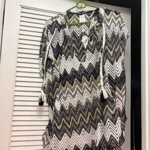 Trina Turk Sheer Chevron Pullover in Black, White & Gold